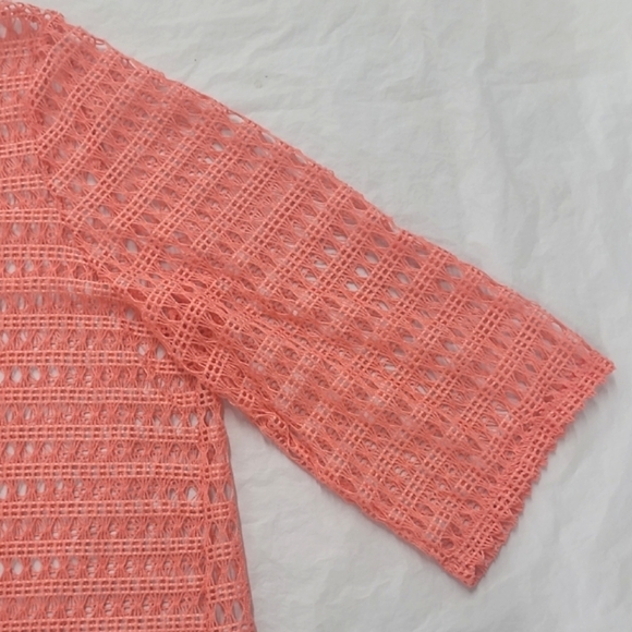Coral Crochet Knit Top Sheer Elbow Short Sleeve Scoop Neck - Picture 8 of 9